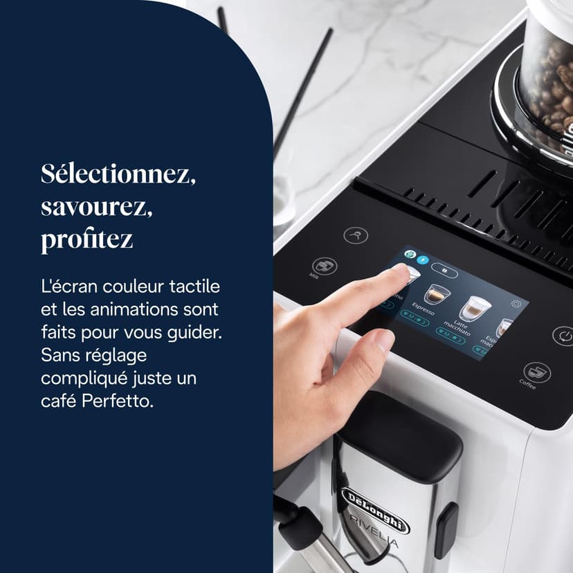 De'Longhi Rivelia EXAM440.55.W, Fully Automatic Coffee Machine with LatteCrema Hot, Automatic Milk Frother, Compact Size Bean to Cup Coffee Machine, 16 Recipes, Touch Colored Display, Arctic White - 7