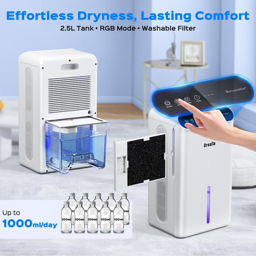 Deshumidificateur d Air 2.5L - Déshumidificateur d'air Electrique pour Maison avec Mode Nuit Silencieux 30 dB Minuterie, Deshumidificateur Anti Moisissure pour Salle de Bain Chambre Cave - 5