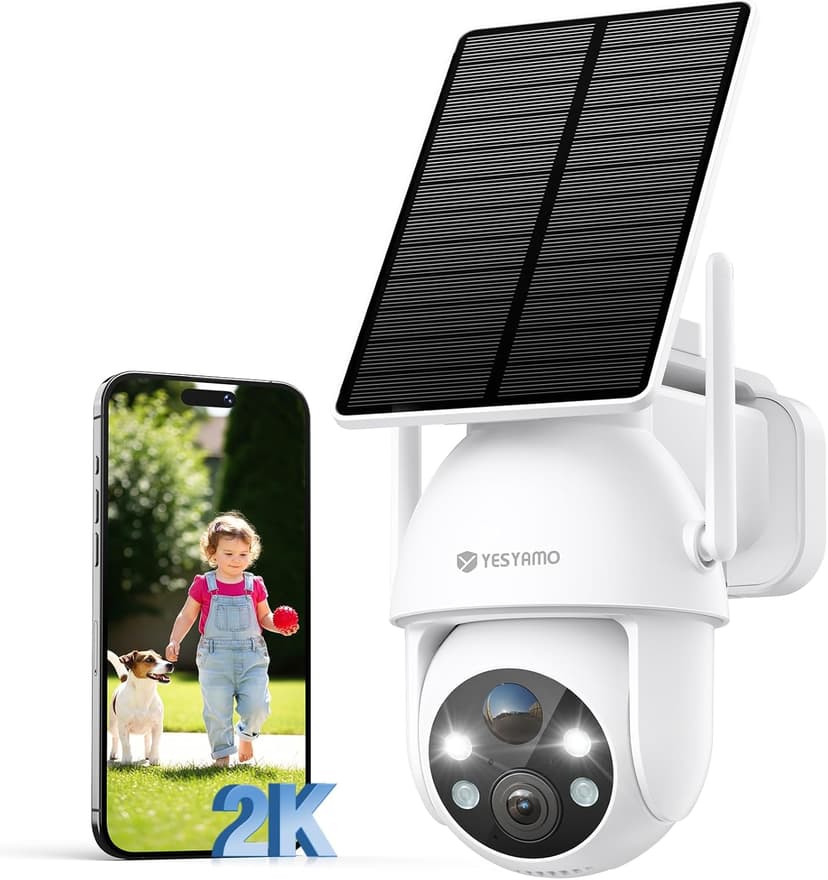 YESYAMO 2K Wireless Solar WiFi Surveillance Camera, 2.4GHz Solar Outdoor Camera with Solar Panel, 360° PTZ, Night Vision, Two-Way Audio, PIR Siren (White) - 1