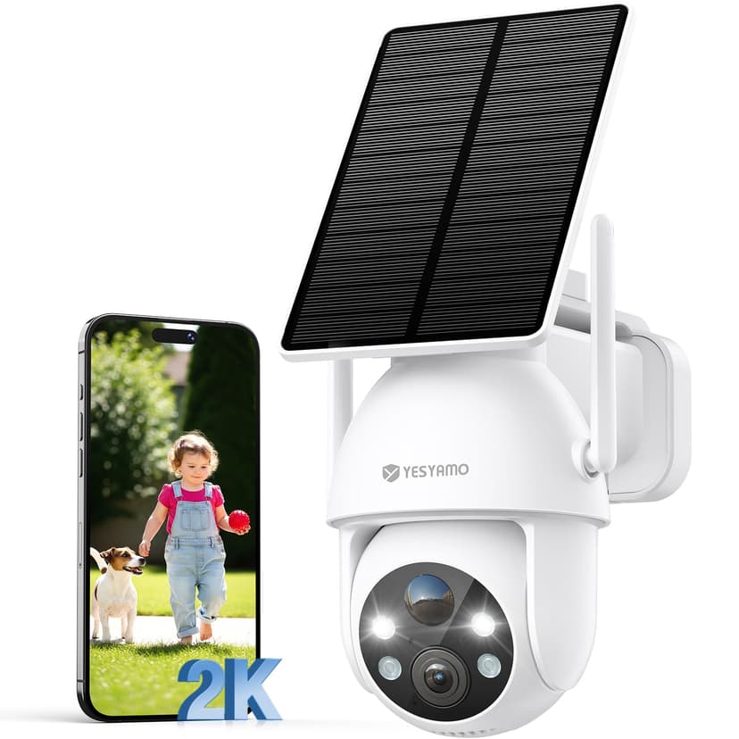 YESYAMO 2K Wireless Solar WiFi Surveillance Camera, 2.4GHz Solar Outdoor Camera with Solar Panel, 360° PTZ, Night Vision, Two-Way Audio, PIR Siren (White) - 1