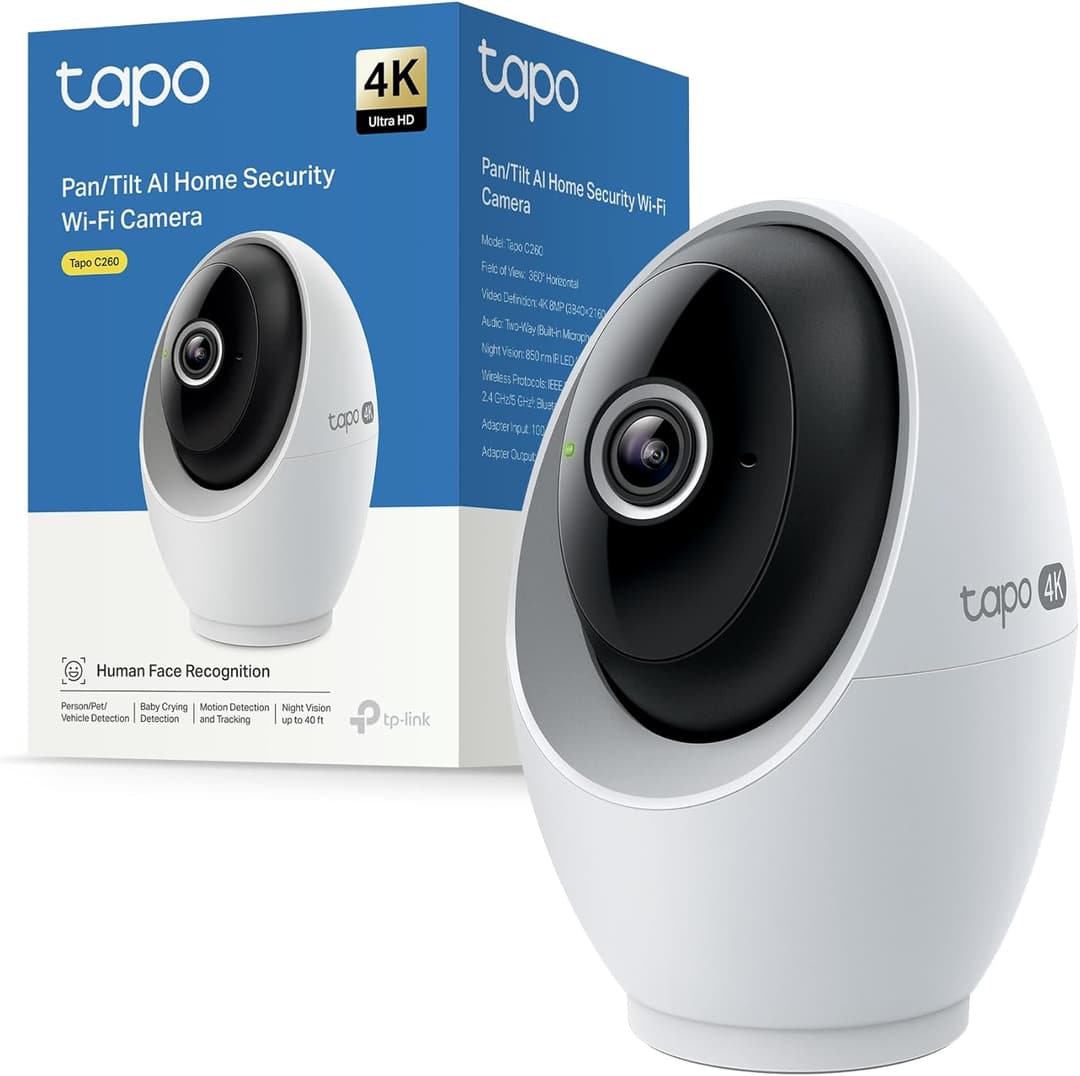 Tapo C260 4K 8MP 360° Indoor Security Camera, Local AI Detection, Physical Privacy Mode, 18x Digital Zoom, Motion Tracking, Two-Way Audio, MicroSD Card up to 512GB
