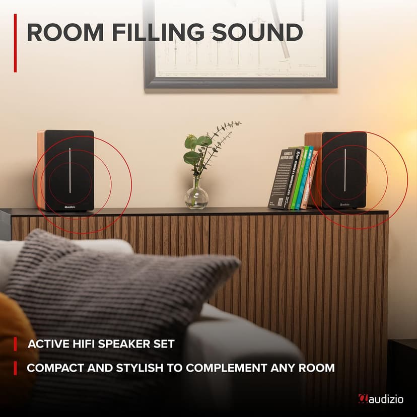 Audizio KS01B Active Bluetooth Bookshelf Speakers, 120W HiFi Home Audio Set, Wood Finish, Optical & RCA Inputs, USB Playback, Wireless Remote, Bass & Treble Controls, Compact Stereo Speakers - 3