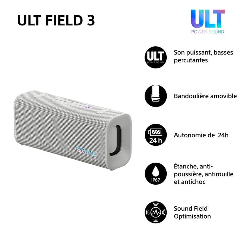 Sony ULT Field 3 - Enceinte Bluetooth Ultra Portable avec ULT Power Sound, Batterie 24h, IP67, étanche, Anti-poussière, Anti-Choc, bandoulière détachable, compacte - Blanc cassé - 2