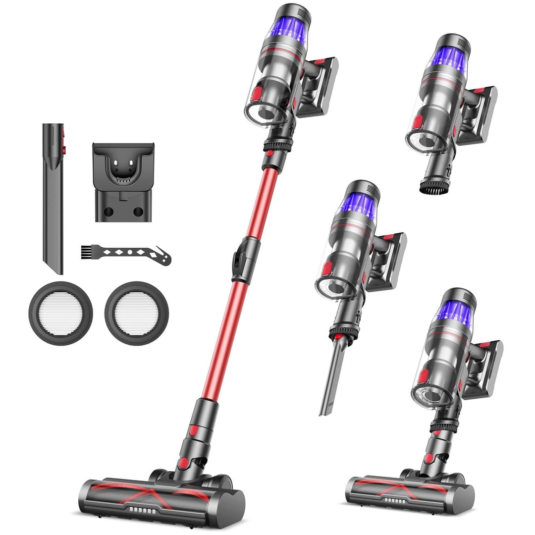 Ultenic U16 Cordless Vacuum Cleaner 50,000Pa Suction, Foldable Design, Tangle-Free Brush, 60 Mins Runtime, LED Dust Detection,Lightweight Stick Vacuum, for Hard Floors, Carpets & Pet Hair-Red&Black