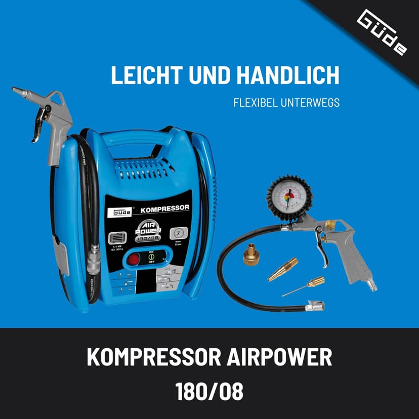 Güde Compresseur Airpower 180/08 (sans huile et nécessitant peu d'entretien, entraînement par courroie, 8 bars, 1100 W, débit effectif 140 l/min, tuyau d'air comprimé de 2,5 m avec raccord rapide - 2