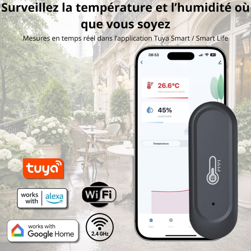 Sone Smart One Capteur Température Humidité WiFi 2.4GHz IP65 Extérieur Intérieur Noir - Thermomètre Hygromètre Connecté Tuya Smart Life - Sans Passerelle - Piles Non Incluses - 2