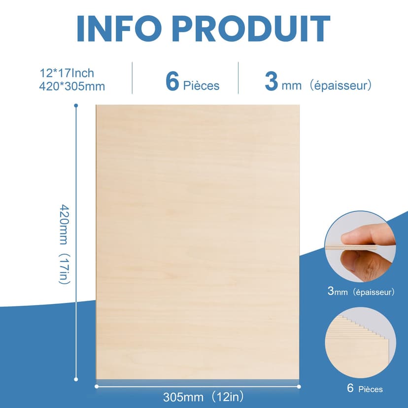 ROBOTIME Basswood Veneers Plywood Sheets, 6PCS 420x305x3mm, Blank Unfinished Wooden Sheets, Wood Board for Crafts, DIY Painting, Coasters, Model Making, Home Decoration - 3