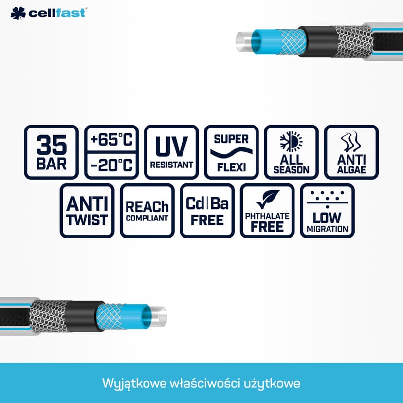 Cellfast Garden Hose MULTIFLEX PRO, Heavy Duty 6-Layer, ATS2 Tricot Braid, UV and Algae Resistant, Free of Heavy Metals, Velvet Technology, 35 Bar, -20/+65°С Temp. 3/4", 30m - 3
