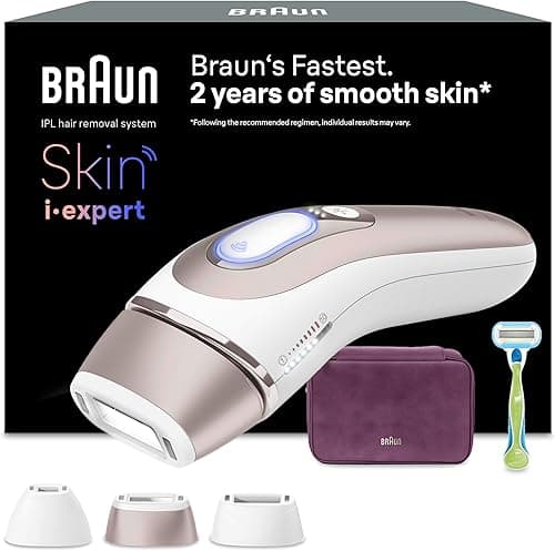 Braun Epilateur Lumiere Pulsee Intelligent Skin i·expert PL7263, Blanc et Bronze – Alternative au Laser à Domicile, Filaire, avec Pochette, Rasoir Gillette Venus, 3 Têtes, Connecté à L’Application