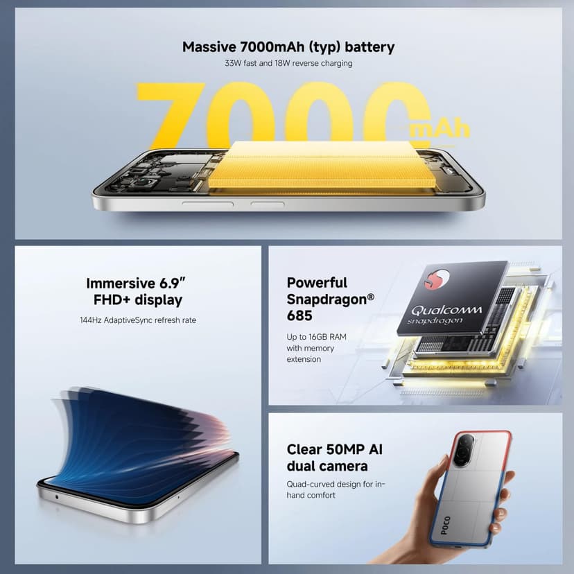 XIAOMI POCO M7 Black-Smartphone 6GB+128GB, 7000mAh(typ) Battery, IP64, Snapdragon® 685, 50MP AI Dual Camera, 33W Turbo charging, 6.9" 144Hz FHD+display, NFC (UK Version + 2 Years Warranty) - 3