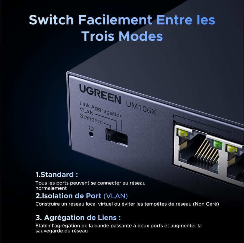 UGREEN Switch Ethernet 5 Ports Ethernet 2.5G 1 Port SFP+ 10G Switch RJ45 Boitier Métal 4KV Protection Contre la Foudre Multiprise RJ45 Montage Mural Agrégation de Liens Compatible avec PC Nas Caméra - 4