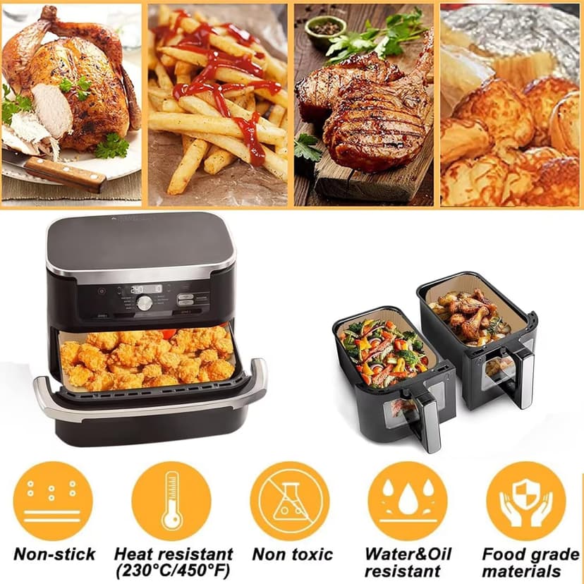 Pack of 150 Air-Fryer Liners Baking Paper for Hot Air Fryer Ninja AF500EU AF500EUCP, Cecotec 9000, 100 Pieces Rectangular for 5.2L, 50 Pieces for 10.4L & 10L Various Two Sizes Air Fryers - 3