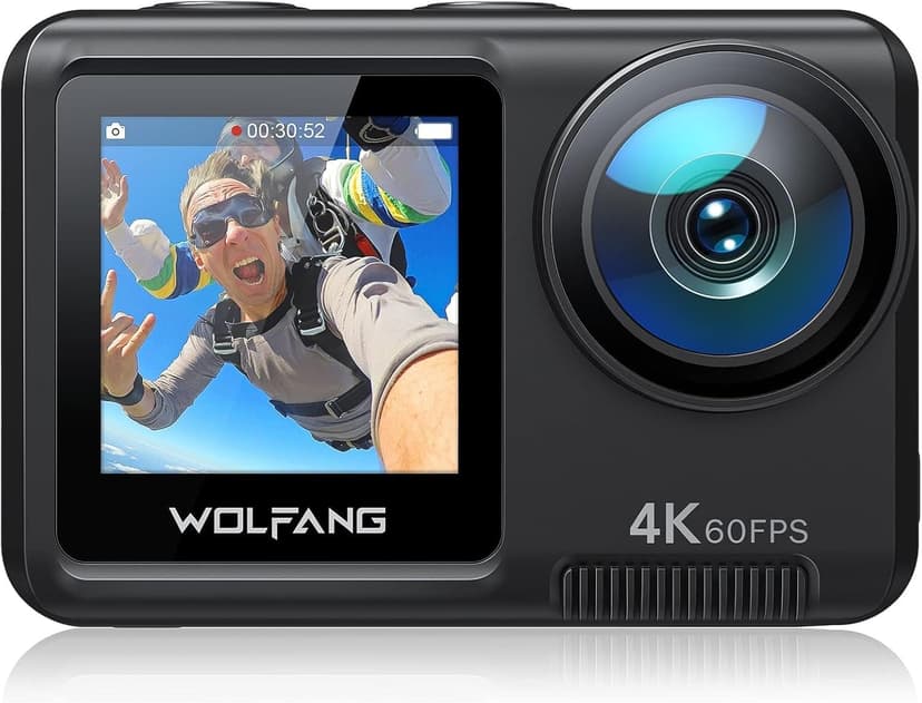 WOLFANG 4K 60FPS Caméra Sport GA400, 20MP WiFi 8M Corps Etanche Action Camera, 40M Sous-Marine Ultra HD 170 °Grand Angle, Sac à Main, EIS, Télécommande 2x1350mAhBatteries et Kit d'accessoires - 1