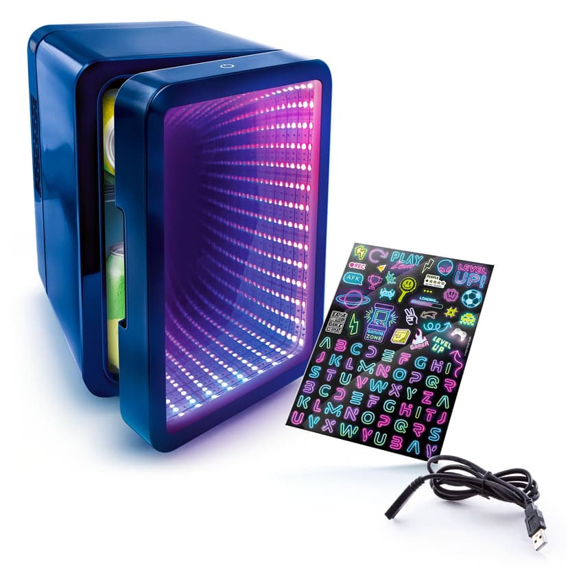 So Chill - Infinity LED Mini Fridge - 6 Cans or 8 Mini Cans - Mirror Effect Door - 12 Light Modes - Stickers - for Desk, Bedroom, Car - USB Power Supply (5V SELV) - INF 041 - 9