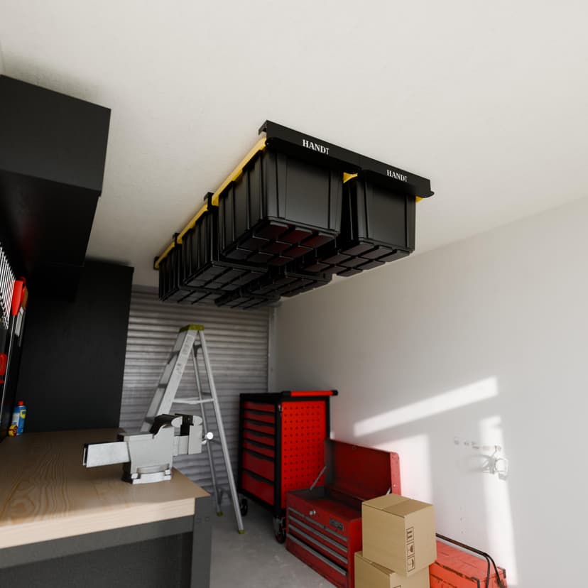 HANDT Overhead Garage Storage Rack, Connectable Heavy Duty Metal Ceiling Rails For Garage Storage Organization Shelving System (Black, 6 Bins) - 6