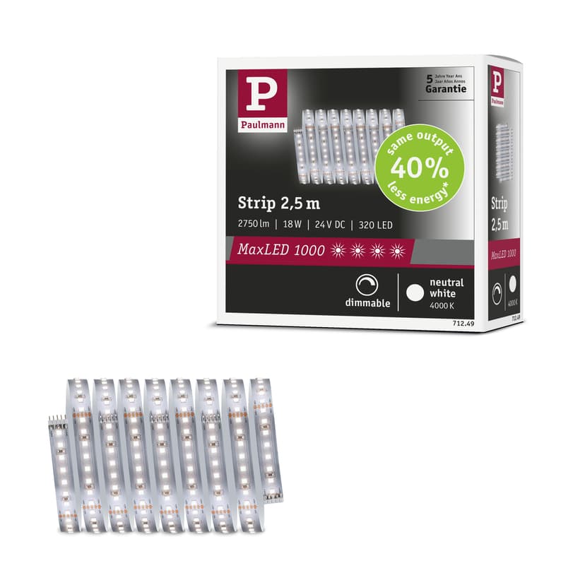 Paulmann MaxLED 71249 Bande 1000 LED Blanc Neutre Bande Individuelle 2,5m 18W 1100lm/m 128 LEDs/m 4000K - 1