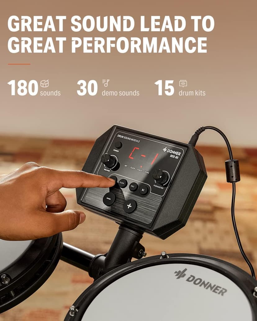 Donner DED-80 Electric Drum Kit, Electronic Drum Sets for Beginner with 4 Quiet Mesh Drum Pads, 2 Switch Pedal, 180+ Sounds, Throne, On-Ear Headphones, Sticks, and Melodics Lessons Included Black - 5
