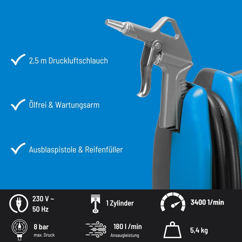 Güde Compresseur Airpower 180/08 (sans huile et nécessitant peu d'entretien, entraînement par courroie, 8 bars, 1100 W, débit effectif 140 l/min, tuyau d'air comprimé de 2,5 m avec raccord rapide - 3