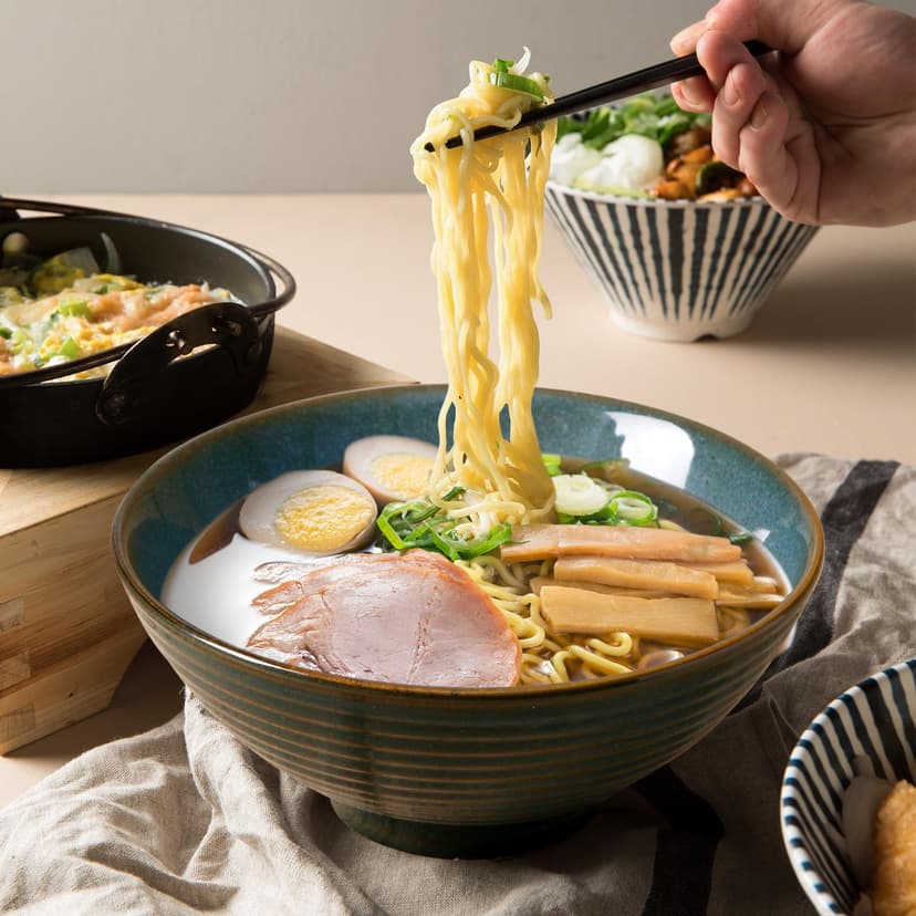 NUTRIUPS Lot de 2 bols à ramen en céramique de 1200 ml avec baguettes et cuillères, grand bol à soupe de 20 cm, vert mer profond - 7
