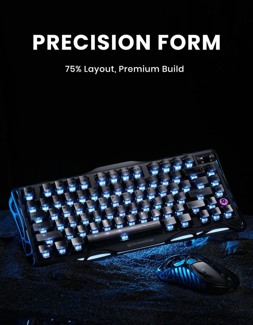 GravaStar Mercury K1 75% Wireless Mechanical Keyboard, Aluminum Alloy Gaming Keyboard with Knob, Hot Swappable, Linear Switches, Transparent Keycaps, RGB Backlit, 2.4GHz/BT5.0/USB-Black Mist - 8