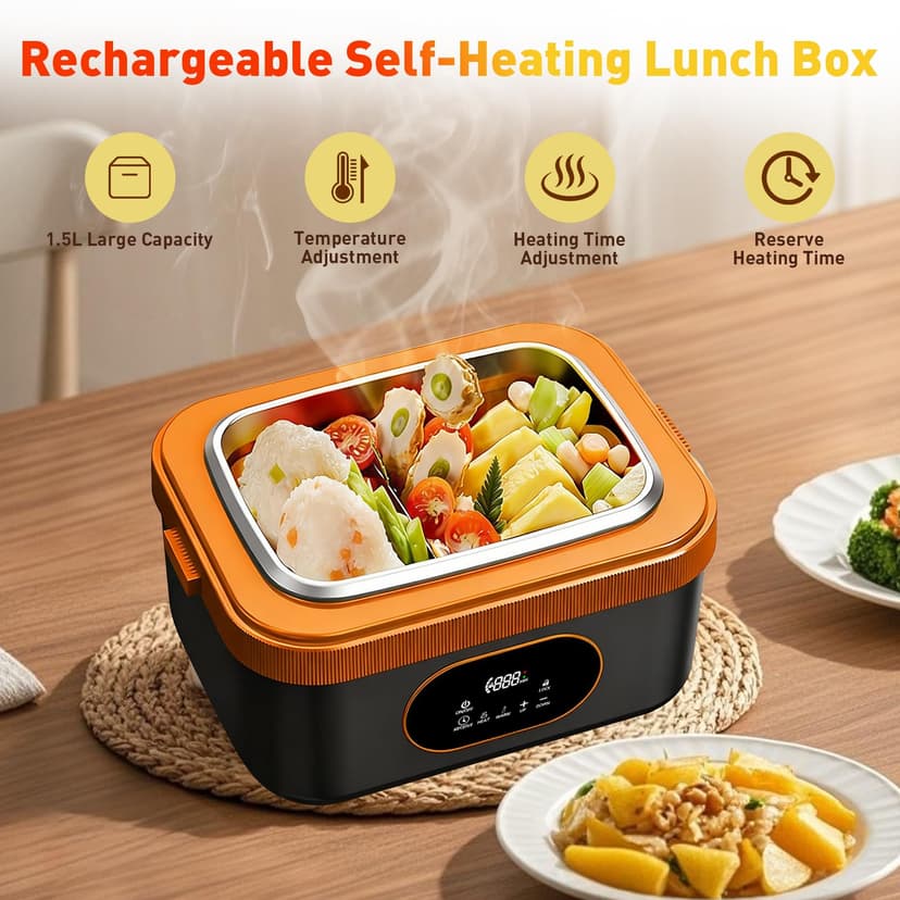 Gamexop Upgraded Cordless Electric Lunch Box, 1.5L Rechargeable Heated Lunch Box Battery Powered Stainless Steel Self-Heating Food Warmer Gift for Indoor Outdoor Work Office Camping Travel - 2