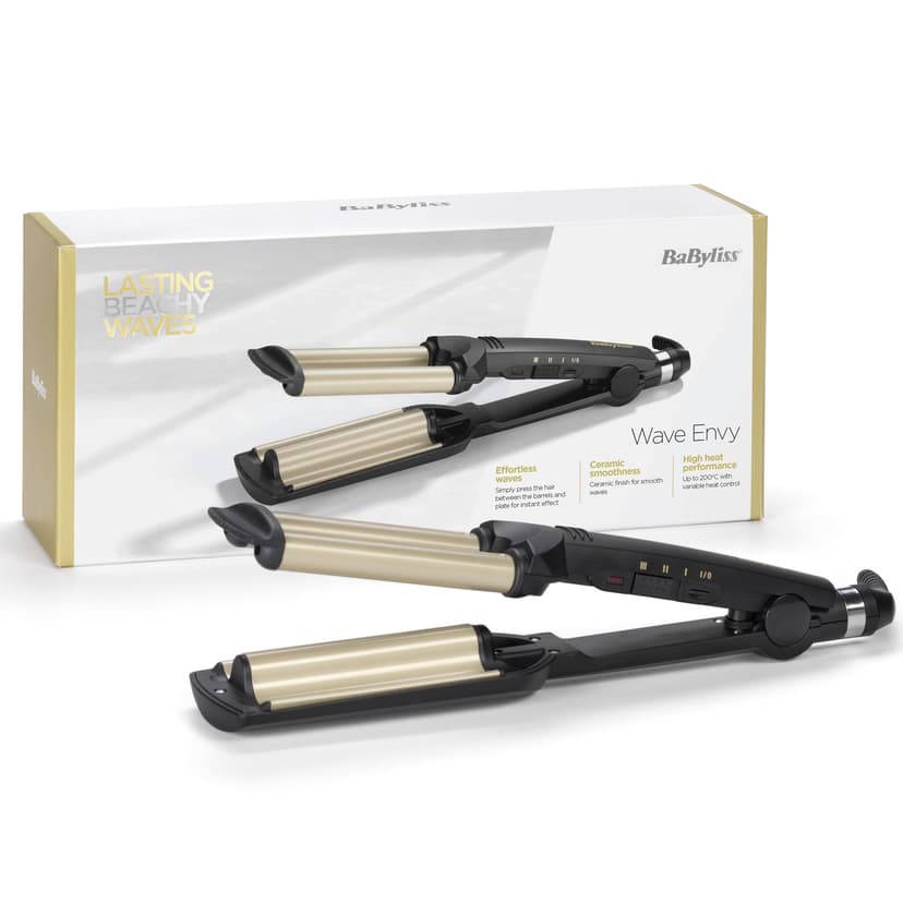 BaByliss Easy Waves - Effet wavy, Revêtement Titane-céramique, 3 réglages de température, Embouts thermorésistants, Doré & Noir, C260E - 1