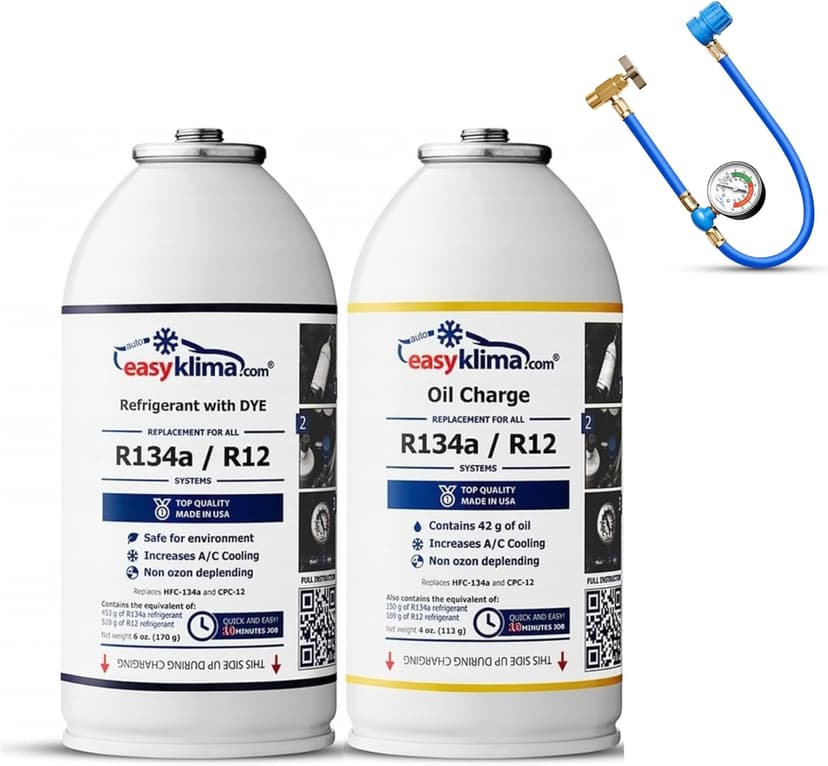 EasyKlima R134a / R12 Premium Set - Réfrigérant + 3 en 1 Oil Charge + Tuyau avec manomètre - Pour une performance de refroidissement optimale de la climatisation Veltao - 1