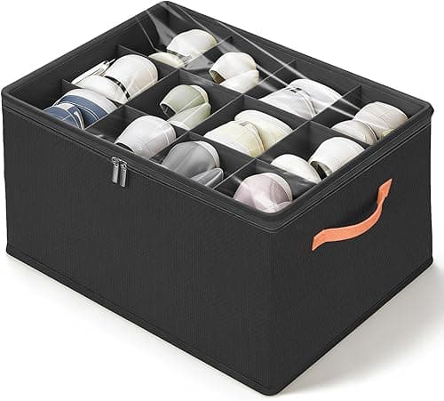 Romon 12 Pairs Black Folding Shoe Boxes with Clear Lid and Handles Space Saver for Closet and Entrance