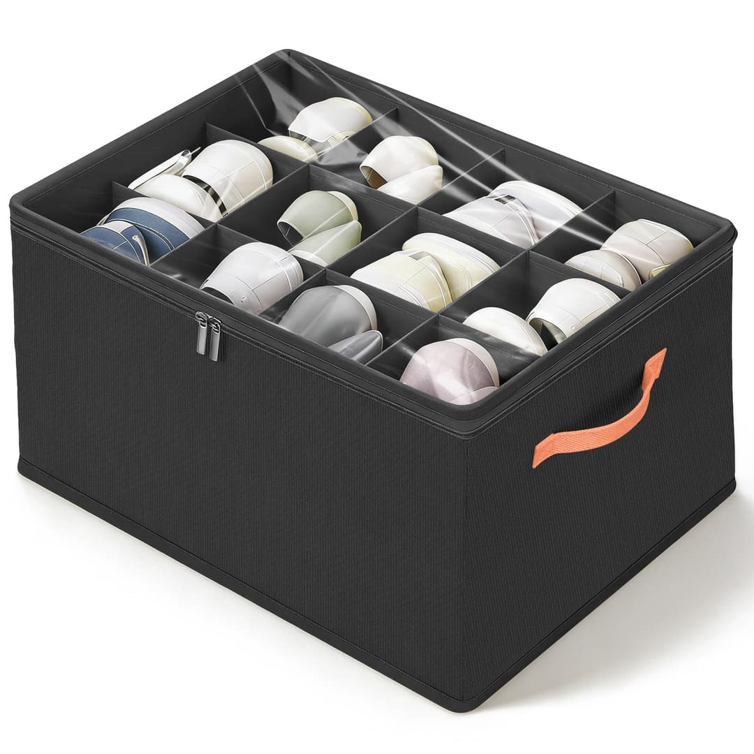 Romon 12 Pairs Black Folding Shoe Boxes with Clear Lid and Handles Space Saver for Closet and Entrance