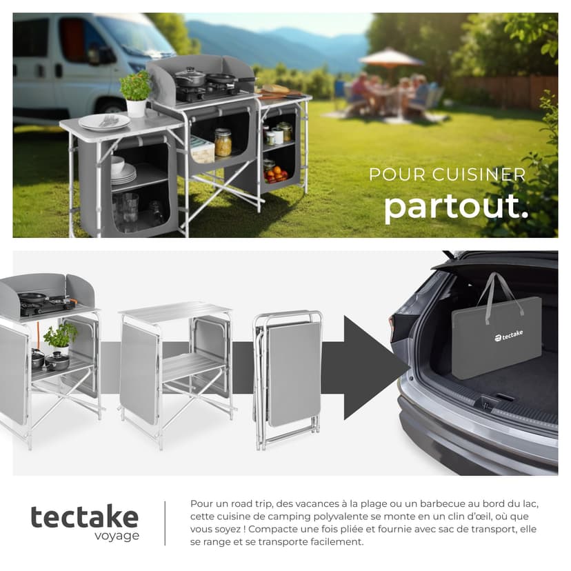 tectake® Meuble de Rangement Cuisine de Camping Pliable XXL en Aluminium, avec 5 Étagères, Plan de Travail, Pieds réglables, Sac de Transport Inclus, Stockage pour Vaisselle, Accessoires Cuisine - 8