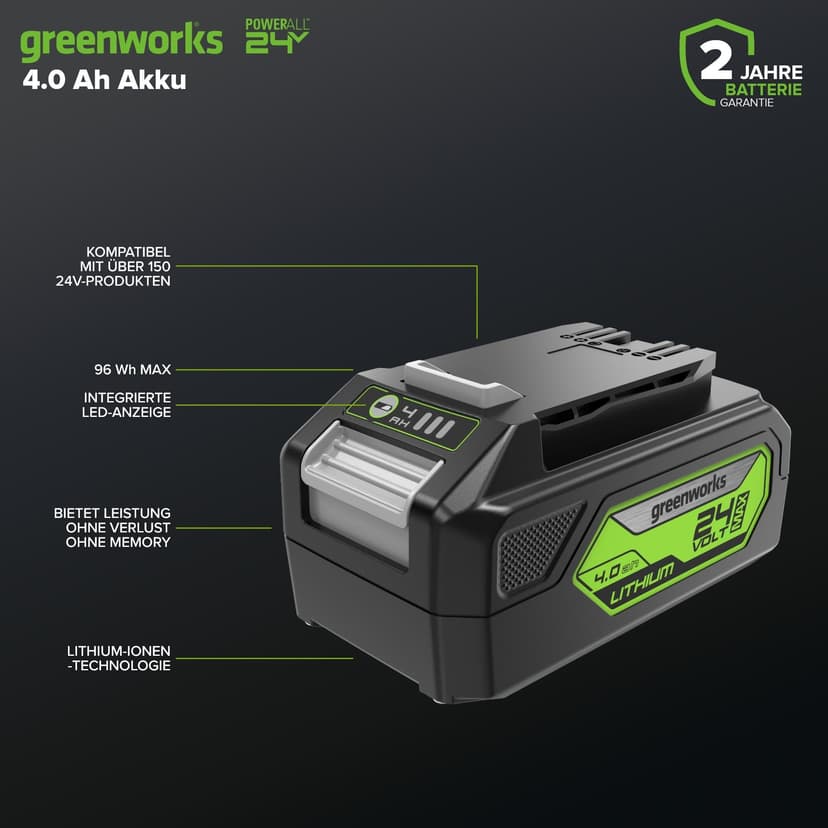 Greenworks Batterie 24V - Puissante Batterie Rechargeable Greenworks pour tous les Outils de Jardin 24V, Batterie Lithium-Ion 4Ah, Chargement Rapide, 3 Niveaux de Charge LED, Garantie 2 Ans - G24B4 - 2