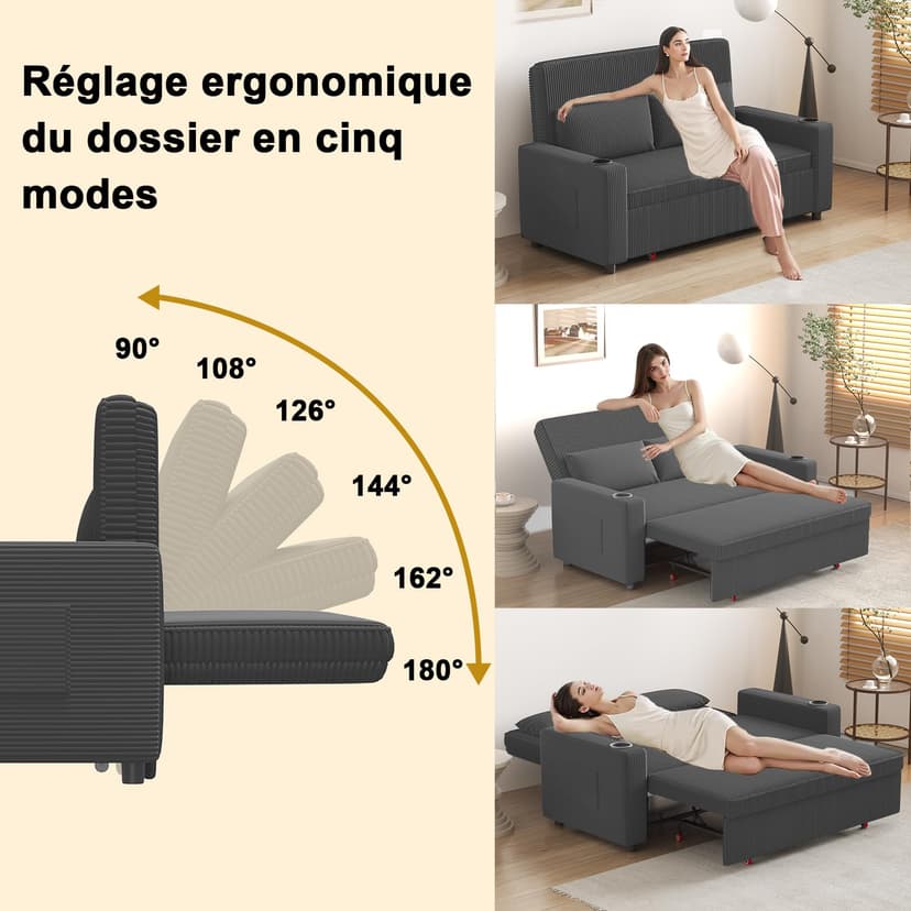 Devoko 2-Sitzer Schlafsofa 160 cm breit, Modernes Sofa mit Schlaffunktion, Ausziehbare Schlafcouch mit Verstellbarer Rückenlehne, Platzsparendes Klappsofa für Wohnzimmer, Grau - 6