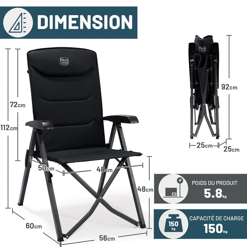 TIMBER RIDGE Chaise Pliante Camping Portable 150kg Fauteuil Jardin Exterieur Dossier Haut 4 Positions Réglables Fauteuil Realx Inclinable pour Terrasse Balcon Jardin Camping Pique-Nique - 3