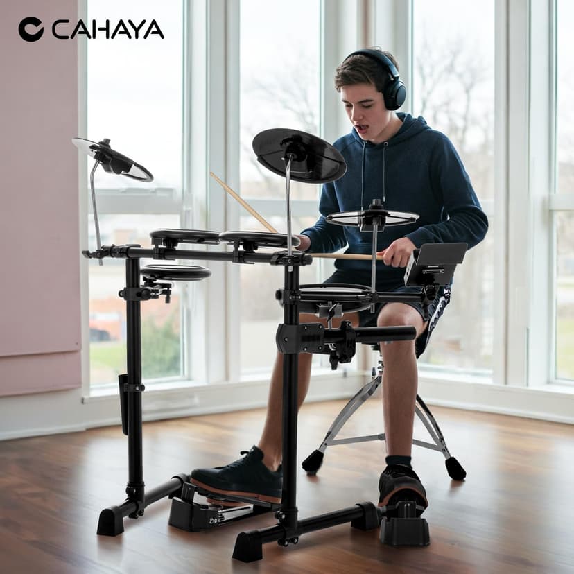 CAHAYA Batterie Électronique Kit Débutants – Avec Tabouret, Cymbales Double Déclencheur & Grosse Caisse Double Déclencheur, Peaux Maillées Silencieuses, 350 Sons, USB/MIDI & Casque, Portable - 9
