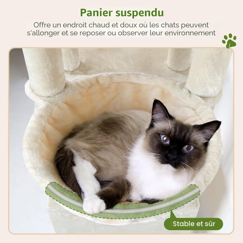 Globlazer Arbre à Chat Beige Grand avec 2 Grande Niches, Doux Plate-Forme, Griffoirs en Sisal, Arbre a Chat Stable Haut 156 cm avec Grandes Bases Tronc épais pour Gros Chats Chatons (F61, Beige) - 4