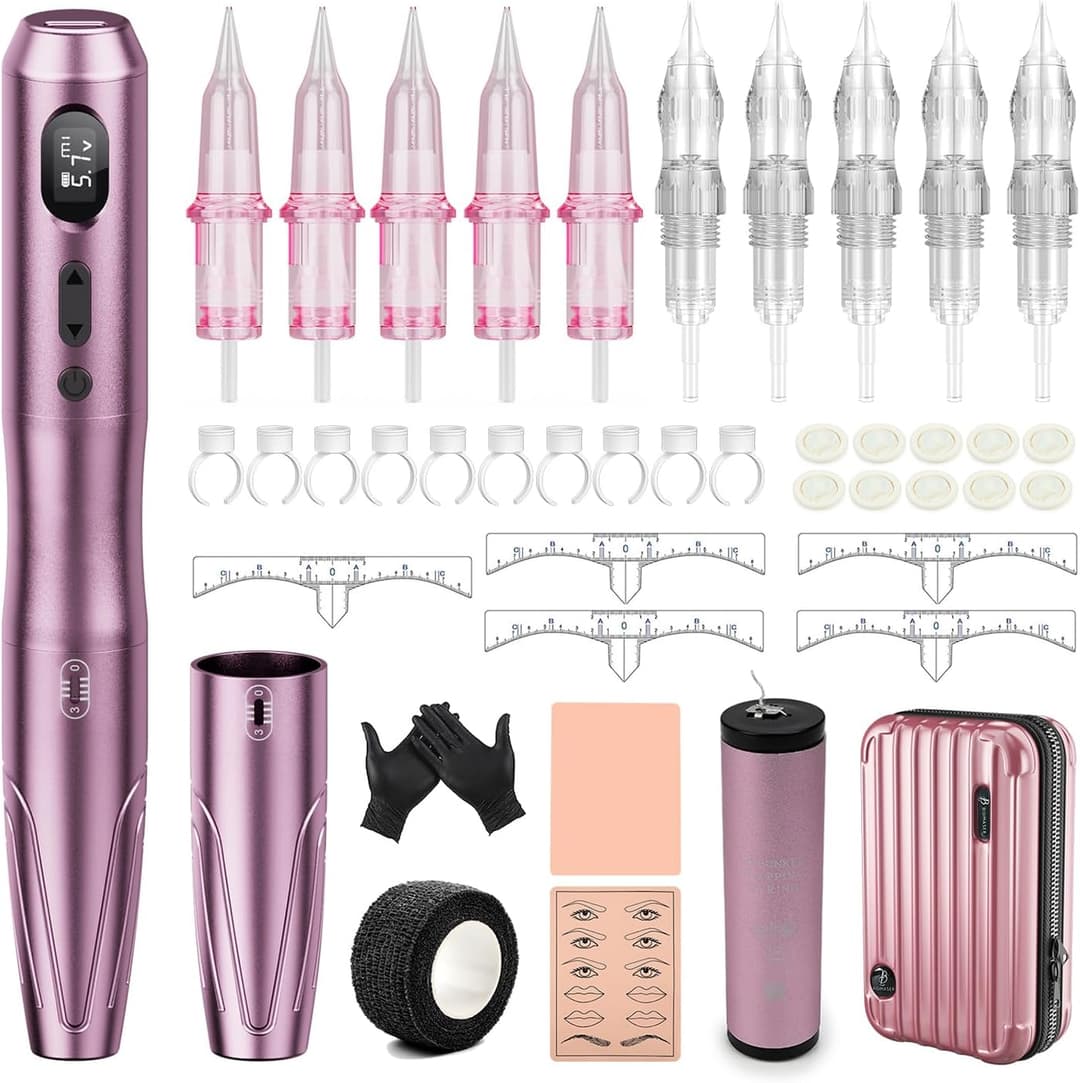 Biomaser Kit de machine de maquillage semi-permanent sans fil avec 10pcs Cartouches Aiguilles pour sourcils Lèvres Eyeliner Ombre Poudre Sourcils Microshading Accessoires (S20-2)