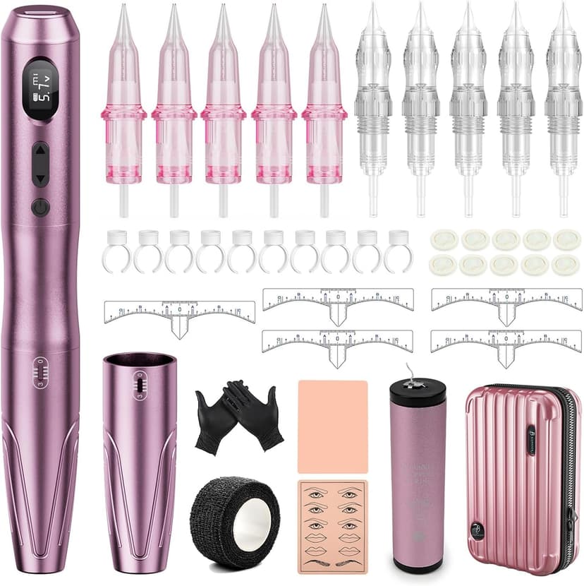 Biomaser Kit de machine de maquillage semi-permanent sans fil avec 10pcs Cartouches Aiguilles pour sourcils Lèvres Eyeliner Ombre Poudre Sourcils Microshading Accessoires (S20-2) - 1
