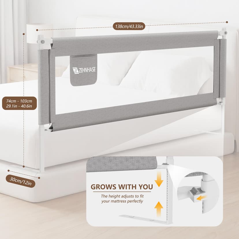 Baby Bed Barrier 140CM, Bed Rail for Children - Anti-fall, Adjustable Height, Easy Installation, Grey, 1pc - 7