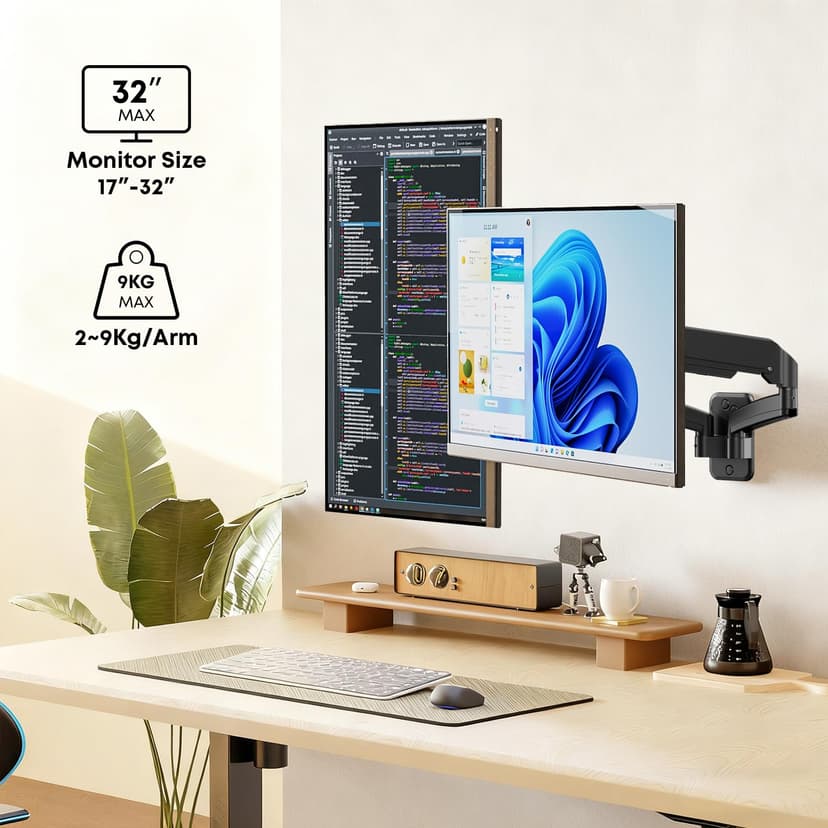 IMtKotW Monitor Wall Mount 2 Monitors for 17-32 inch Flat & Curved Screens, 9kg/arm, Ergonomic Height Adjustable Tilt/Swivel and Rotate, VESA 75x75/100x100 Monitor Mount Wall - 2