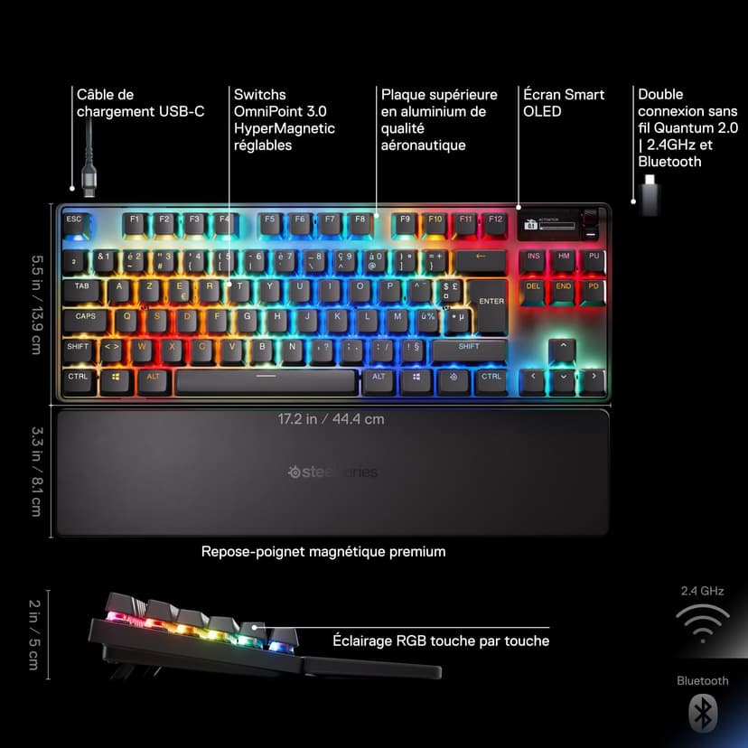 SteelSeries Apex Pro TKL Wireless Gen 3 - Wireless Gaming Keyboard - Adjustable Actuation Hall Effect Switches; Game-Ready Presets - Rapid Trigger, Protection Mode, Rapid Tap/SOC - German QWERTZ - 3
