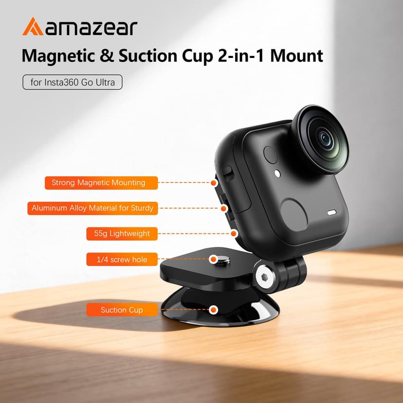 AMAZEAR 2-in-1 Quick Mount for Insta360 GO Ultra Accessories, Metal Bracket Insta 360 Magnetic and Suction Cup Adapter Holder with Super-Strong Magnets, Seamless, Compact, Lightweight, Black - 2