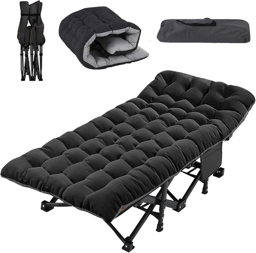 Folding Sunlounger Bed with Mattress, Adjustable Backrest, Side Pocket - Portable Guest Bed for Office Naps and Patio Use - 1