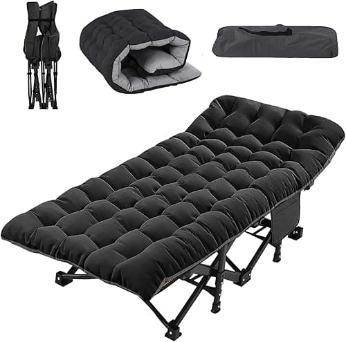 Folding Sunlounger Bed with Mattress, Adjustable Backrest, Side Pocket - Portable Guest Bed for Office Naps and Patio Use