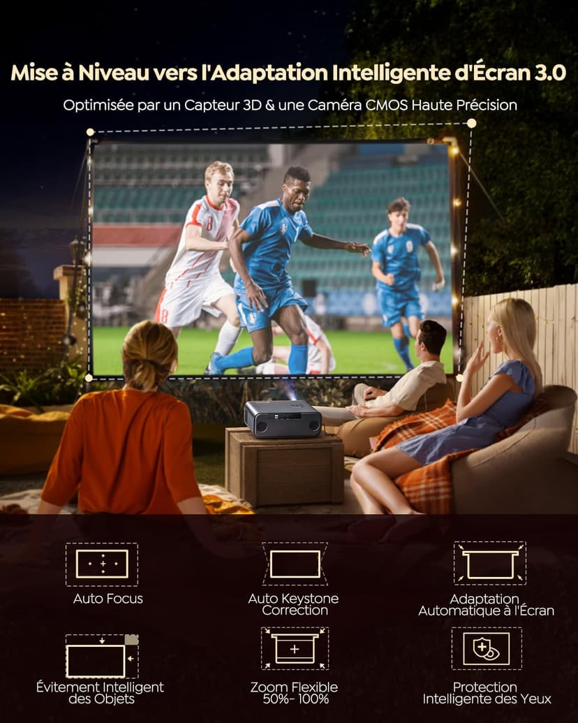 Vidéoprojecteur 4K【Netflix Inclus/Dolby】 1400 ANSI Projecteur Vidéo 4K Auto Focus/Keystone WiFi Bluetooth FHD 1080P, HDR10, Smart Rétroprojecteur Portable WiFi6 Extérieur Zoom50% Cadeau/Home Cinéma - 4