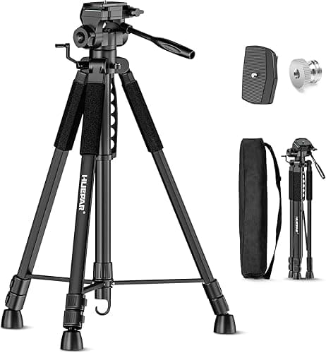 Huepar Lightweight 172cm Adjustable Laser Level Tripod with 3-Way Swivel Pan Head, Portable Handle, Bubble Level, Quick Release Plate with 1/4" Screw Mount & 5/8" UNF Adapter Nut - Camera Tripod T16A