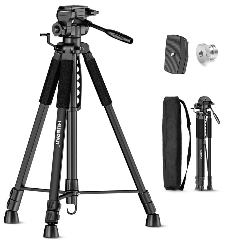 Huepar Lightweight 172cm Adjustable Laser Level Tripod with 3-Way Swivel Pan Head, Portable Handle, Bubble Level, Quick Release Plate with 1/4" Screw Mount & 5/8" UNF Adapter Nut - Camera Tripod T16A - 1