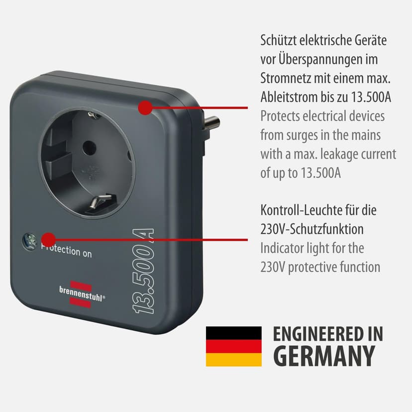 Brennenstuhl Steckdosenadapter mit Überspannungsschutz 13.500 A (Adapter als Blitzschutz für Elektrogeräte) anthrazit - 2