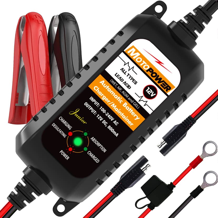 MOTOPOWER MP00205A 12V 800mA Fully Automatic Battery Charger/Maintainer for Cars, Motorcycles, ATVs, RVs, Powersports, Boat and More. Smart, Compact and Eco Friendly - 1