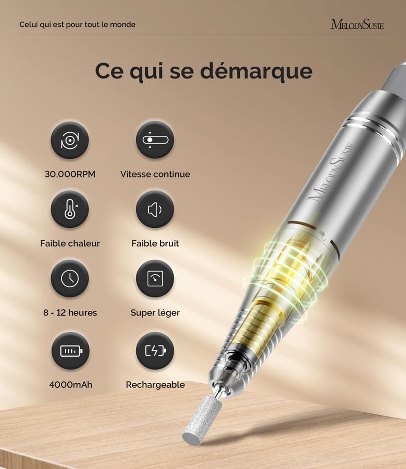 MelodySusie SC300F Professionnel Ponceuse pour Ongles à Clip, Rechargeable Sans Fil Lime à Ongle Electrique 30000 tr/min, avec LCD écran et Vitesse Réglable, pour Salon - 3