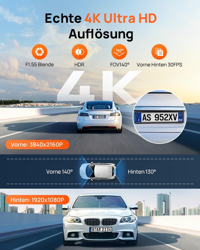 70mai A800SE Dash Cam Car Front Rear 4K UHD+1080P with GPS WiFi, Dual Car Camera with 128GB SD Card, F1.55 Aperture HDR, Night Vision, ADAS, 3 "IPS, 24/7 Parking Monitoring, Supports 512 GB Max - 2
